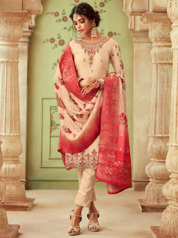 Stylee LIFESTYLE - Beige Embroidered Semi-Stitched Dress Material (Set of 3)