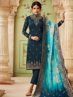 Stylee LIFESTYLE - Navy Blue Embroidered Semi-Stitched Dress Material (Set of 3)
