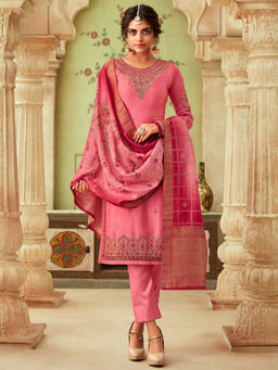 Stylee LIFESTYLE - Pink Embroidered Semi-Stitched Dress Material (Set of 3)