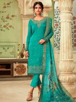 Stylee LIFESTYLE - Green Embroidered Semi-Stitched Dress Material (Set of 3)
