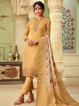 Stylee LIFESTYLE - Yellow Embroidered Semi-Stitched Dress Material (Set of 3)