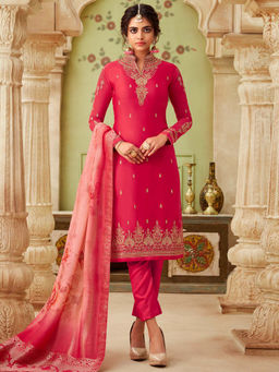 Stylee LIFESTYLE - Magenta Embroidered Semi-Stitched Dress Material (Set of 3)