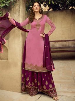 Stylee LIFESTYLE - Pink Embroidered Semi-Stitched Dress Material (Set of 3)