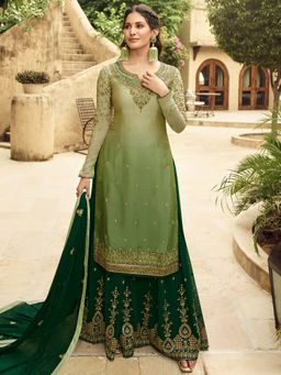 Stylee LIFESTYLE - Green Embroidered Semi-Stitched Dress Material (Set of 3)