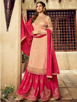 Stylee LIFESTYLE - Beige Embroidered Semi-Stitched Dress Material (Set of 3)