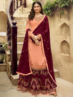 Stylee LIFESTYLE - Peach Embroidered Semi-Stitched Dress Material (Set of 3)