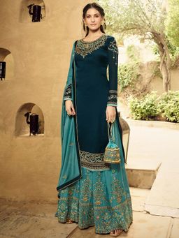 Stylee LIFESTYLE - Navy Blue Embroidered Semi-Stitched Dress Material (Set of 3)