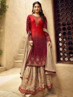 Stylee LIFESTYLE - Red Embroidered Semi-Stitched Dress Material (Set of 3)