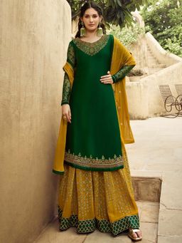Stylee LIFESTYLE - Green Embroidered Semi-Stitched Dress Material (Set of 3)