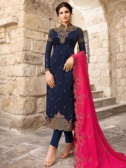 Stylee LIFESTYLE - Navy Blue Embroidered Unstitched Dress Material (Set of 3)