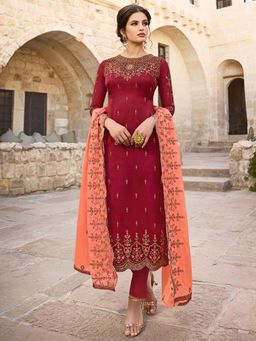 Stylee LIFESTYLE - Maroon Embroidered Unstitched Dress Material (Set of 3)