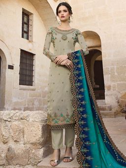 Stylee LIFESTYLE - Grey Embroidered Unstitched Dress Material (Set of 3)