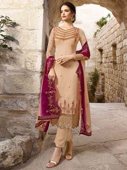 Stylee LIFESTYLE - Beige Embroidered Unstitched Dress Material (Set of 3)