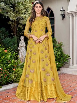 Stylee LIFESTYLE - Yellow Embroidered Semi-Stitched Gown