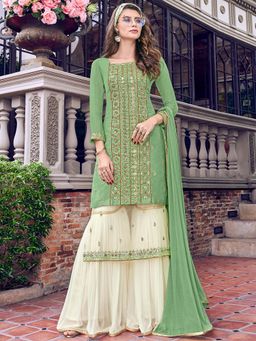 Stylee LIFESTYLE - Green Embroidered Semi-Stitched Dress Material (Set of 3)