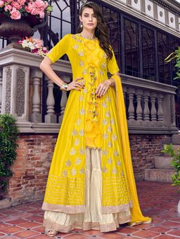 Stylee LIFESTYLE - Yellow Embroidered Semi-Stitched Dress Material (Set of 3)