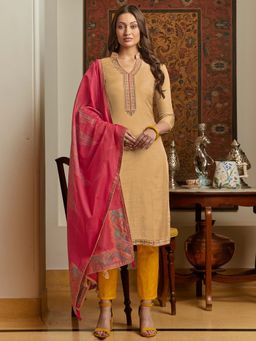 Stylee LIFESTYLE - Beige Embroidered Unstitched Dress Material (Set of 3)