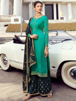 Stylee LIFESTYLE - Green Embroidered Semi-Stitched Dress Material (Set of 3)