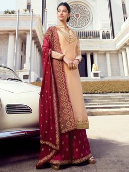 Stylee LIFESTYLE - Beige Embroidered Semi-Stitched Dress Material (Set of 3)