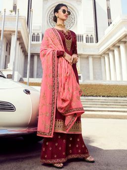 Stylee LIFESTYLE - Maroon Embroidered Semi-Stitched Dress Material (Set of 3)