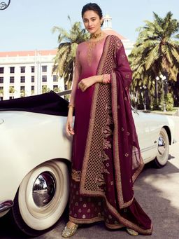 Stylee LIFESTYLE - Wine Embroidered Semi-Stitched Dress Material (Set of 3)