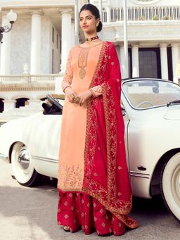 Stylee LIFESTYLE - Peach Embroidered Semi-Stitched Dress Material (Set of 3)