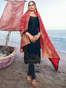 Stylee LIFESTYLE - Navy Blue Embroidered Semi-Stitched Dress Material (Set of 3)