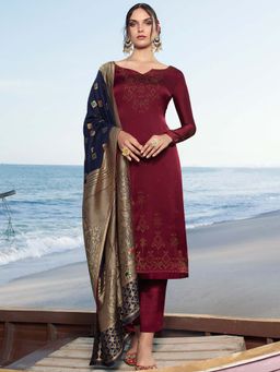 Stylee LIFESTYLE - Maroon Embroidered Semi-Stitched Dress Material (Set of 3)
