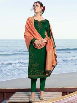 Stylee LIFESTYLE - Green Embroidered Semi-Stitched Dress Material (Set of 3)