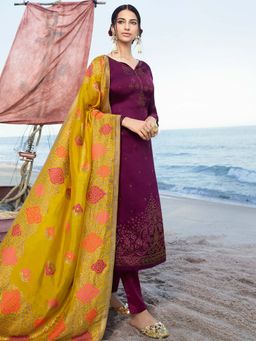Stylee LIFESTYLE - Purple Embroidered Semi-Stitched Dress Material (Set of 3)