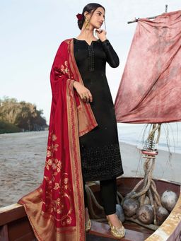 Stylee LIFESTYLE - Black Embroidered Semi-Stitched Dress Material (Set of 3)