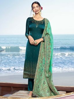 Stylee LIFESTYLE - Blue Embroidered Semi-Stitched Dress Material (Set of 3)