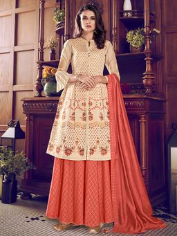 Stylee LIFESTYLE - Cream Embroidered Semi-Stitched Dress Material (Set of 3)