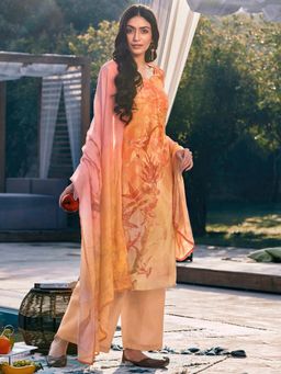 Stylee LIFESTYLE - Orange Printed Unstitched Dress Material (Set of 3)