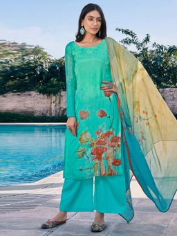 Stylee LIFESTYLE - Turquoise Printed Unstitched Dress Material (Set of 3)