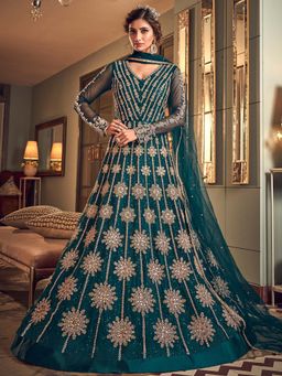 Stylee LIFESTYLE - Teal Embroidered Semi-Stitched Dress Material (Set of 3)