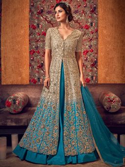 Stylee LIFESTYLE - Beige Embroidered Semi-Stitched Dress Material (Set of 3)