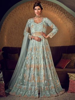 Stylee LIFESTYLE - Turquoise Embroidered Semi-Stitched Dress Material (Set of 3)