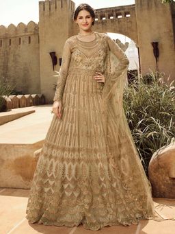 Stylee LIFESTYLE - Beige Embroidered Semi-Stitched Dress Material (Set of 3)