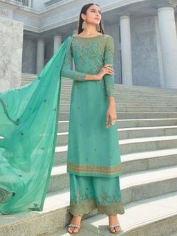 Stylee LIFESTYLE - Turquoise Embroidered Unstitched Dress Material (Set of 3)