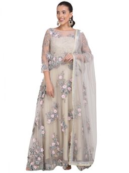 Stylee LIFESTYLE - Cream Embroidered Semi-Stitched Dress Material (Set of 3)