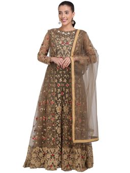 Stylee LIFESTYLE - Brown Embroidered Semi-Stitched Dress Material (Set of 3)