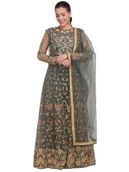 Stylee LIFESTYLE - Olive Green Embroidered Semi-Stitched Dress Material (Set of 3)