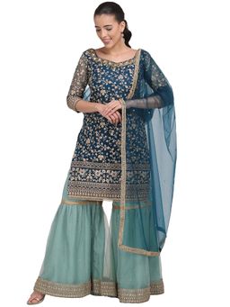 Stylee LIFESTYLE - Turquoise Embroidered Semi-Stitched Dress Material (Set of 3)
