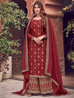 Stylee LIFESTYLE - Maroon Embroidered Unstitched Dress Material (Set of 3)