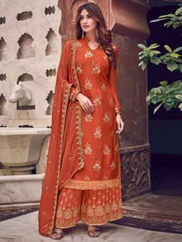 Stylee LIFESTYLE - Rust Embroidered Unstitched Dress Material (Set of 3)