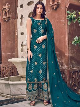 Stylee LIFESTYLE - Teal Embroidered Unstitched Dress Material (Set of 3)