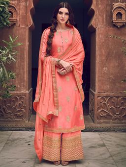 Stylee LIFESTYLE - Peach Embroidered Unstitched Dress Material (Set of 3)