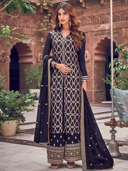 Stylee LIFESTYLE - Navy Blue Embroidered Unstitched Dress Material (Set of 3)