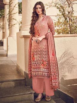 Stylee LIFESTYLE - Peach Printed Unstitched Dress Material (Set of 3)